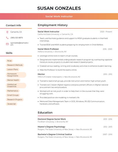 Social Work Instructor Resume