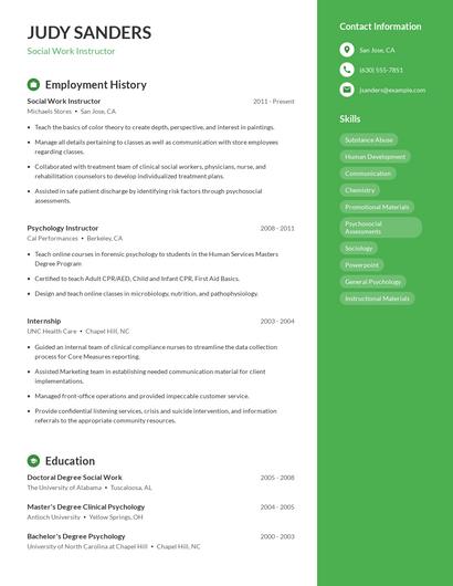 Social Work Instructor Resume