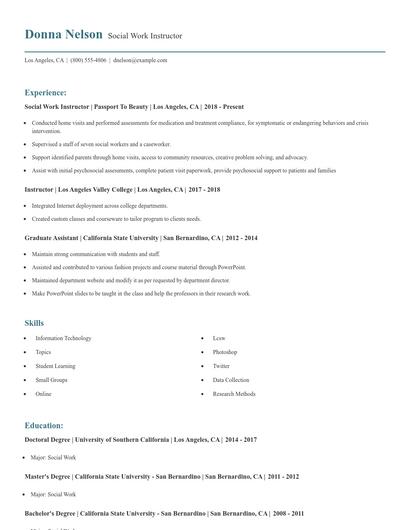 Social Work Instructor Resume