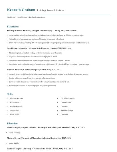 Sociology Research Assistant Resume