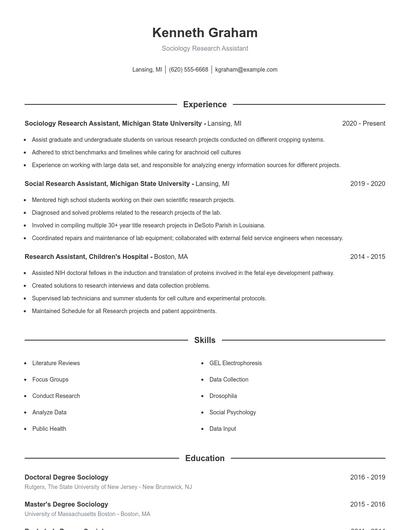 Sociology Research Assistant Resume