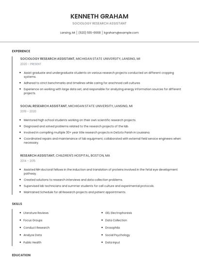Sociology Research Assistant Resume