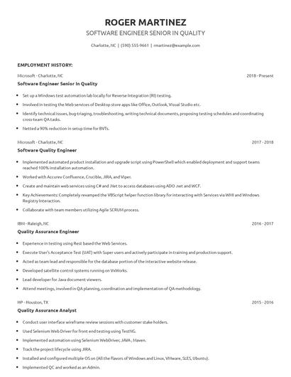 Software Engineer Senior In Quality Resume