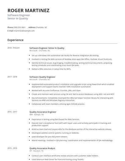 Software Engineer Senior In Quality Resume