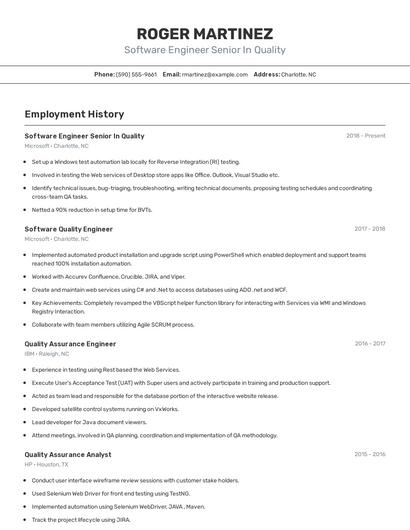 Software Engineer Senior In Quality Resume