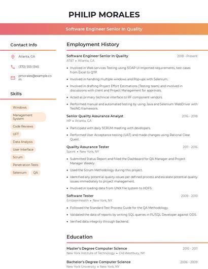 Software Engineer Senior In Quality Resume
