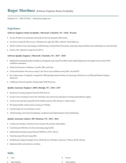Software Engineer Senior In Quality Resume