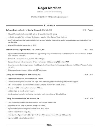 Software Engineer Senior In Quality Resume