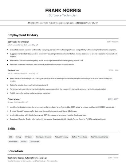 Software Technician Resume