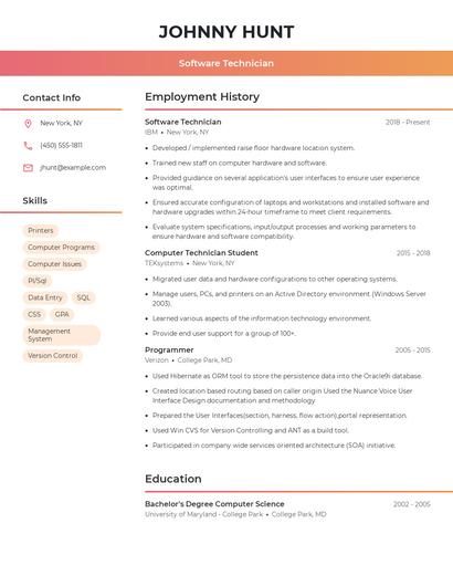 Software Technician Resume