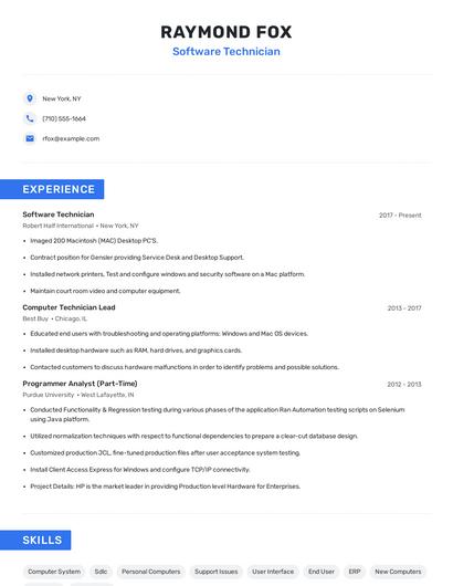 Software Technician Resume