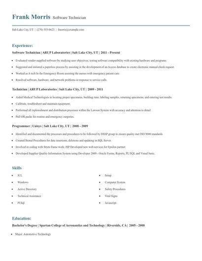 Software Technician Resume