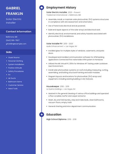 Solar Electric Installer Resume