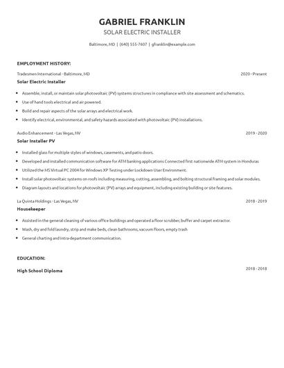 Solar Electric Installer Resume