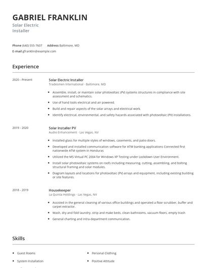 Solar Electric Installer Resume