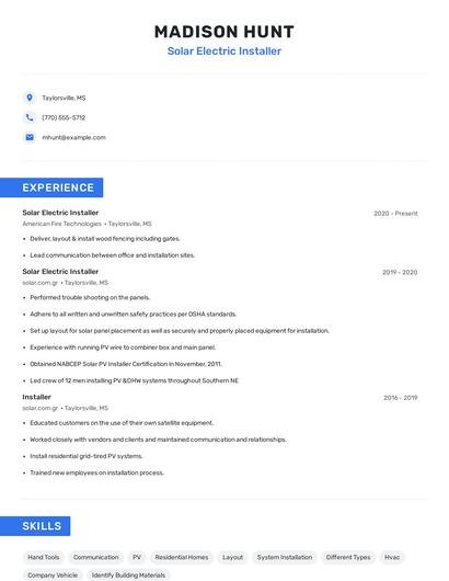 Solar Electric Installer Resume