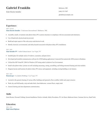 Solar Electric Installer Resume