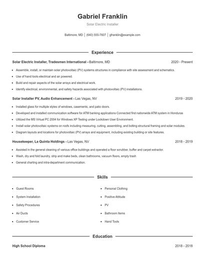 Solar Electric Installer Resume