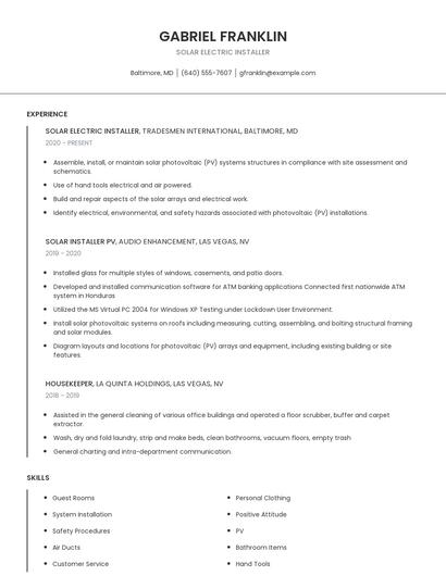 Solar Electric Installer Resume
