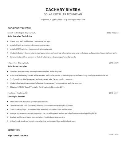 Solar Installer Technician Resume