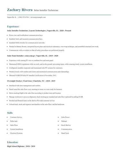 Solar Installer Technician Resume