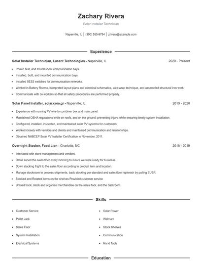 Solar Installer Technician Resume