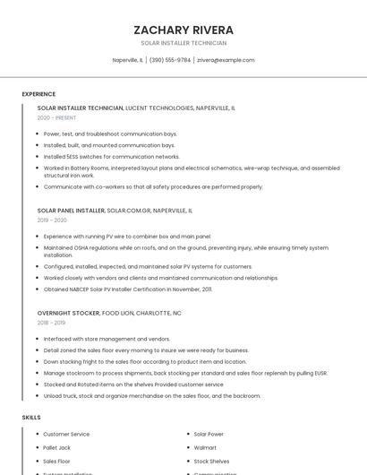 Solar Installer Technician Resume