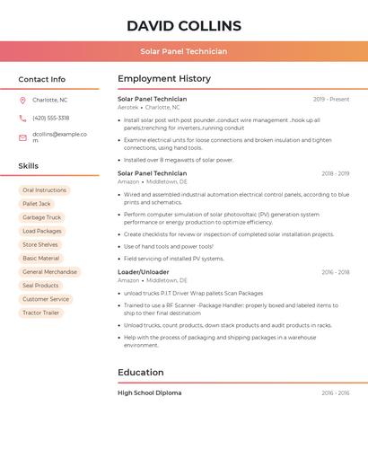 Solar Panel Technician Resume