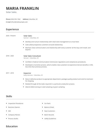 Solar Sales Resume