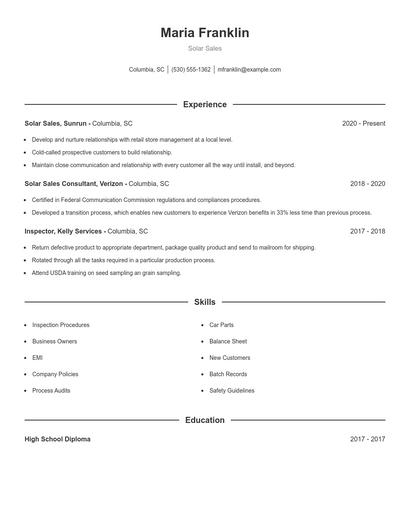 Solar Sales Resume