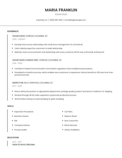 Solar Sales Resume