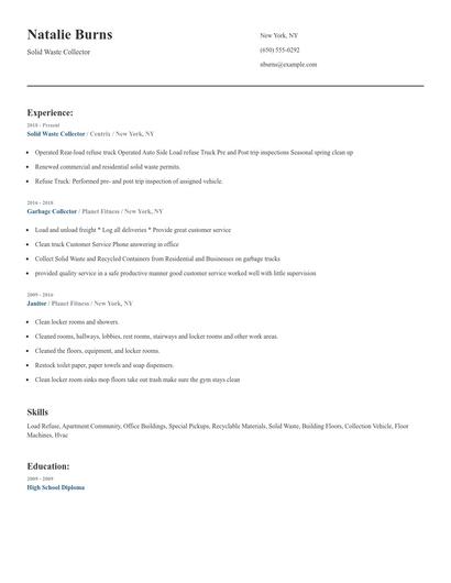 Solid Waste Collector Resume