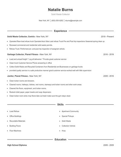 Solid Waste Collector Resume