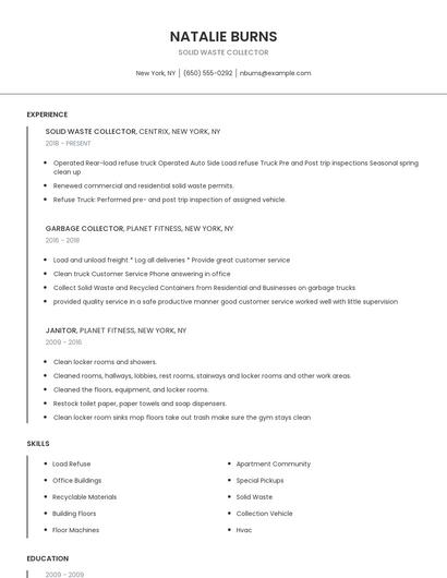 Solid Waste Collector Resume