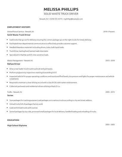 Solid Waste Truck Driver Resume