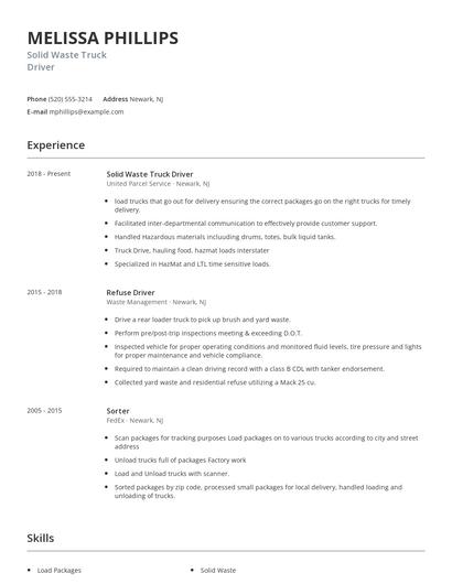Solid Waste Truck Driver Resume