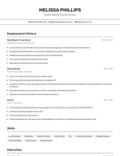 Solid Waste Truck Driver Resume