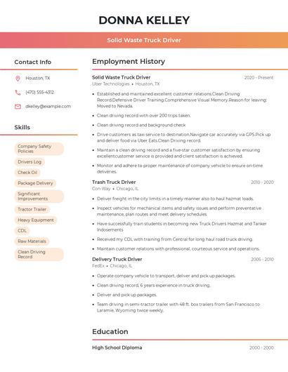 Solid Waste Truck Driver Resume