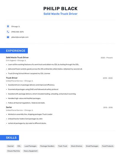 Solid Waste Truck Driver Resume