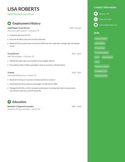 Solid Waste Truck Driver Resume