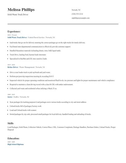 Solid Waste Truck Driver Resume