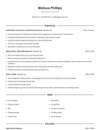 Solid Waste Truck Driver Resume