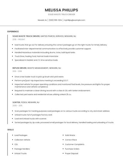 Solid Waste Truck Driver Resume