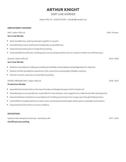 Sort Line Worker Resume