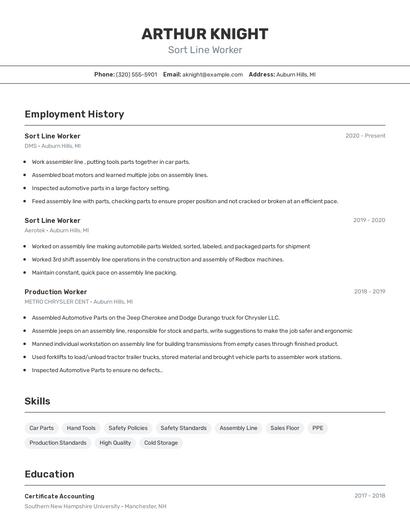 Sort Line Worker Resume