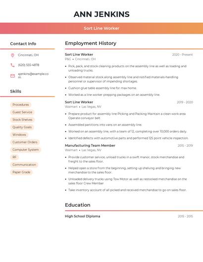 Sort Line Worker Resume