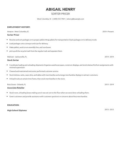 Sorter Pricer Resume