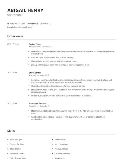 Sorter Pricer Resume