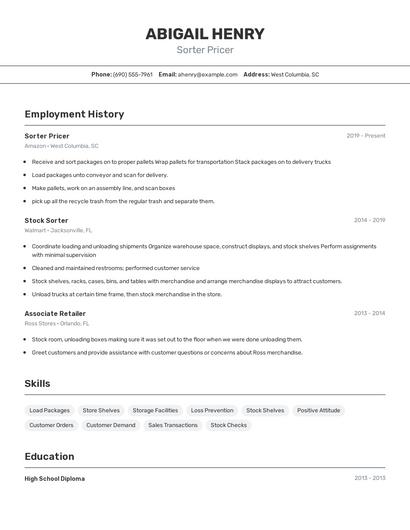Sorter Pricer Resume