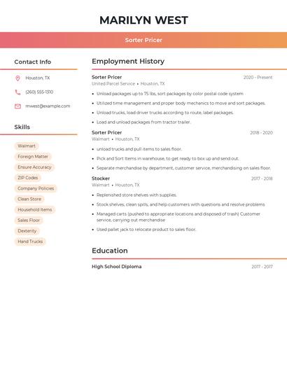Sorter Pricer Resume